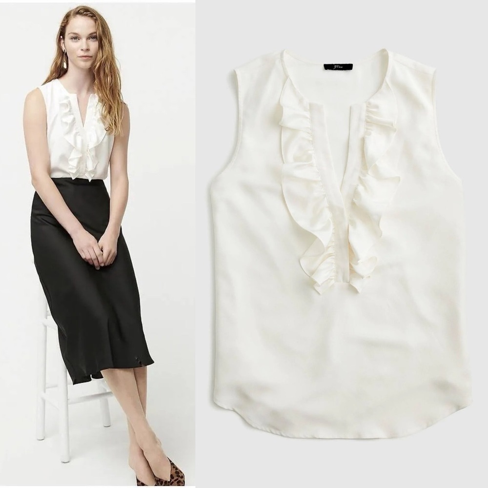 J.Crew Ruffle Front Satin Crepe Ivory Poly Blend Top Blouse Medium M